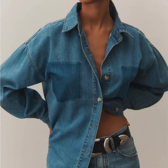 Anthropology Long-Sleeve Burnout Pocket Denim Buttondown Shirt - Picture 3 of 9